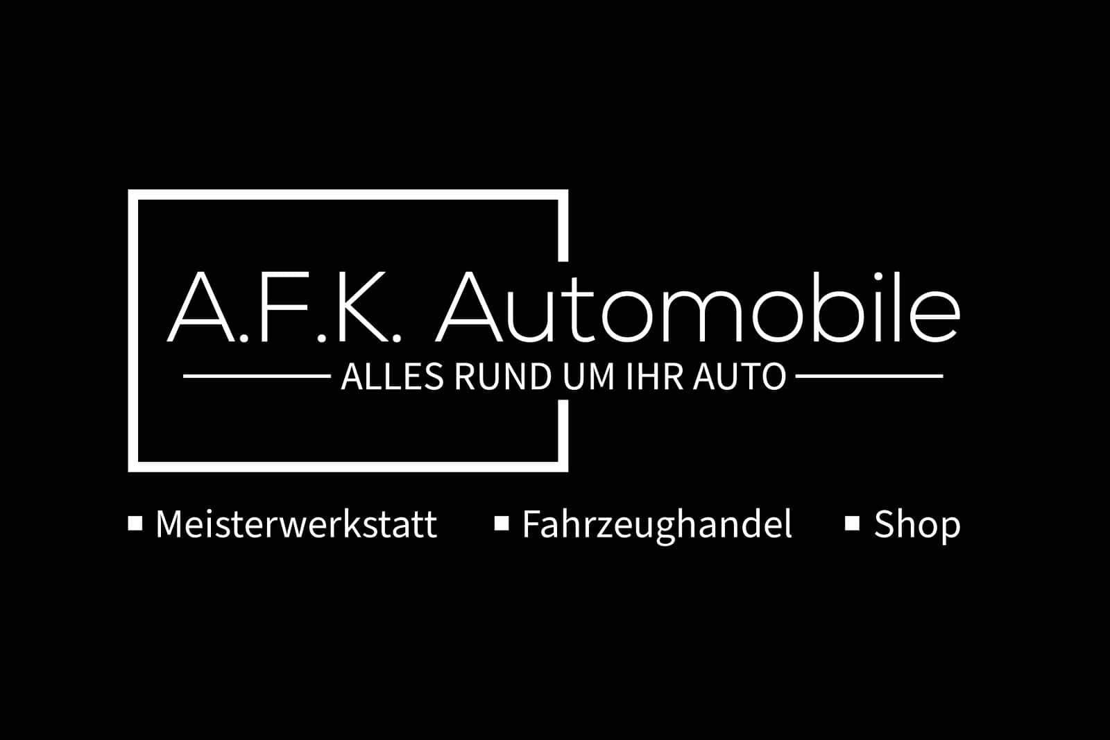 u sehen ist das Logo von A.F.K Automobile mit dem Slogan „Alles rund um Ihr Auto“, dargestellt in weißer Schrift auf schwarzem Hintergrund.