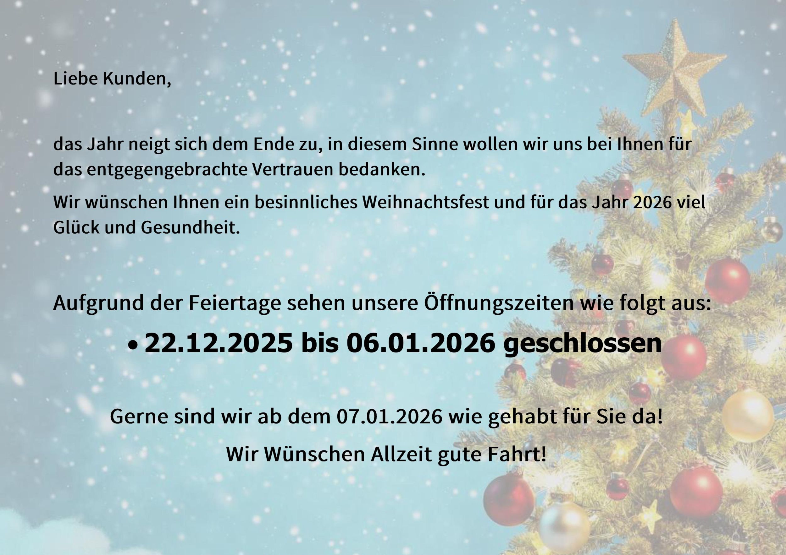 Weihnachtsgrüße: geschlossen vom 22.12.2025 bis 06.01.2026, weihnachtlicher Hintergrund, geschmückter Baum